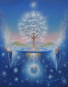 星泉灵树：雾蓝天幕之下，白树悬于环形清辉之上，双手托起流动光幕，中央微焰与深海般星点交织，幽然如梦，静照四方。